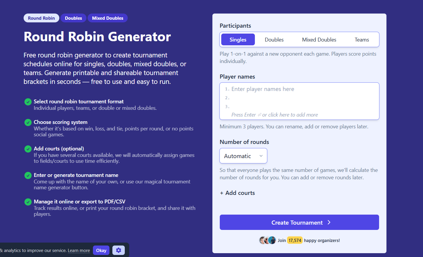 Round Robin tournament generator for singles, doubles, or teams with automated scheduling and player entry options.