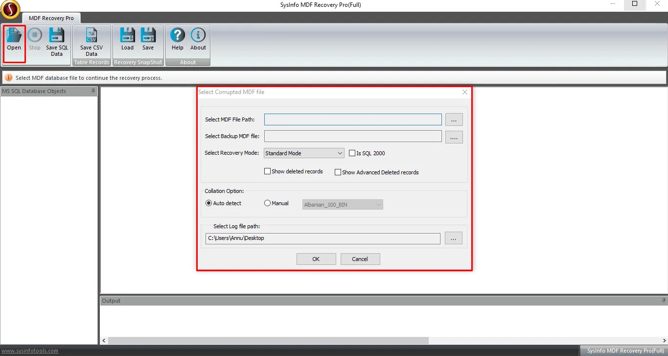 SysInfo MDF Recovery Tool screenshot