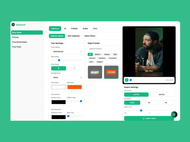 Subscut’s editor lets you style captions, preview your reel, and export in top quality. A simple layout that helps you edit and publish videos fast.