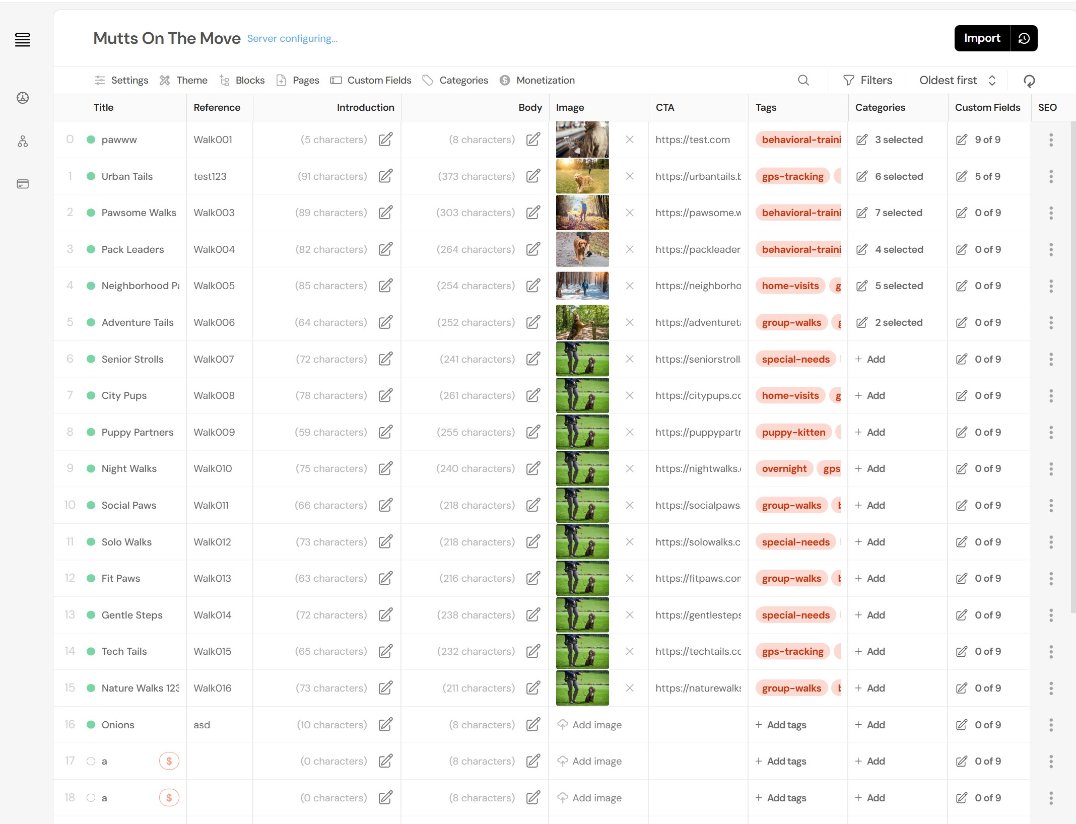 Manage listings page