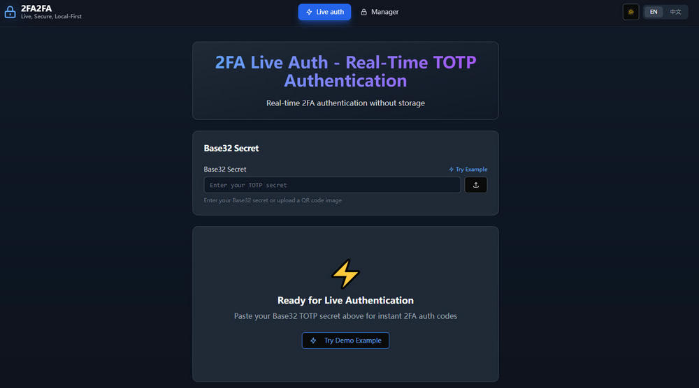 2FA2FA is a free, browser-based 2FA code generator. Instantly create secure, real-time codes locally—no app or storage needed, perfect for emergencies