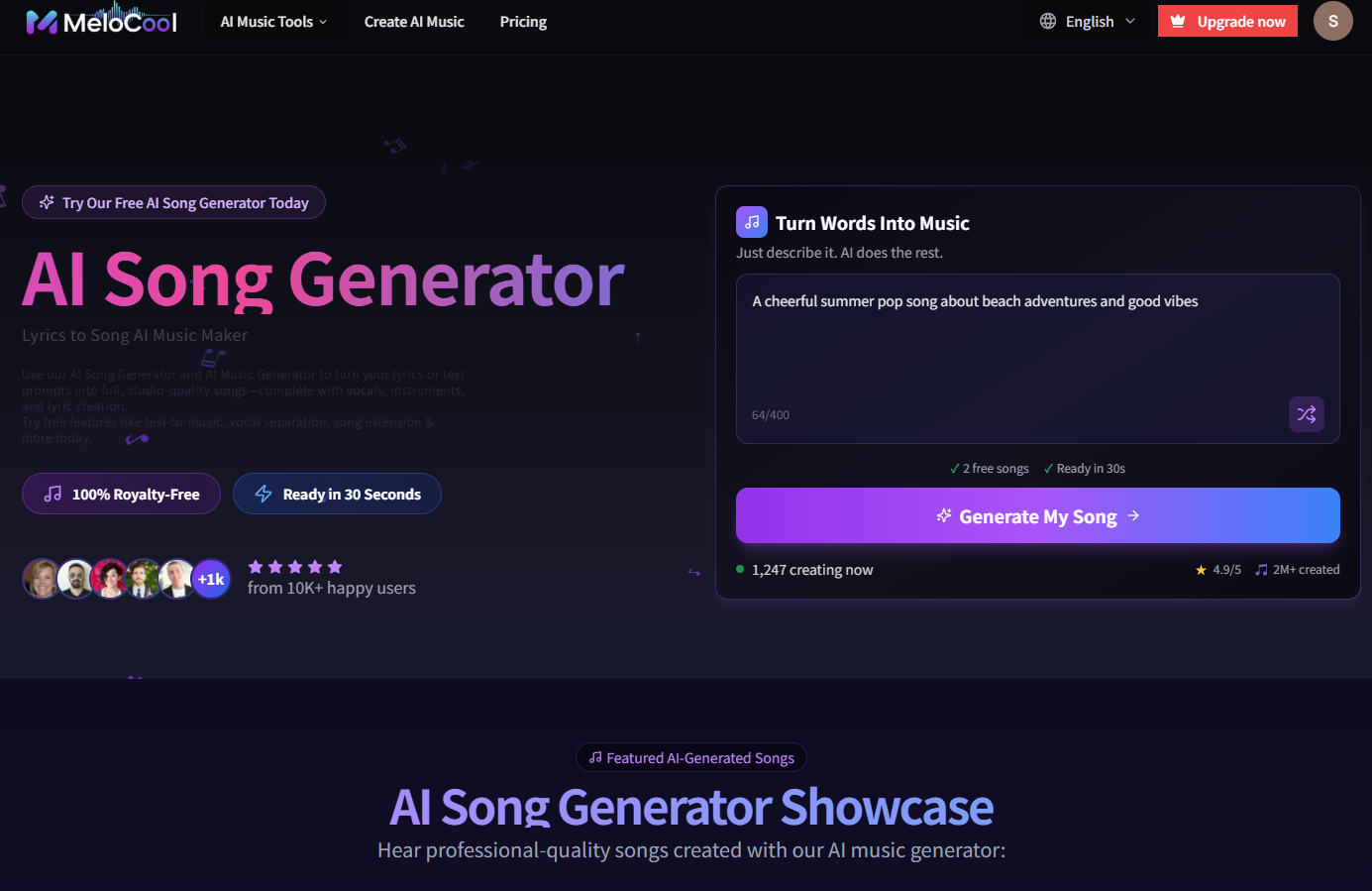Text to Music Generator：Core AI music generator converts your text descriptions into complete songs. 