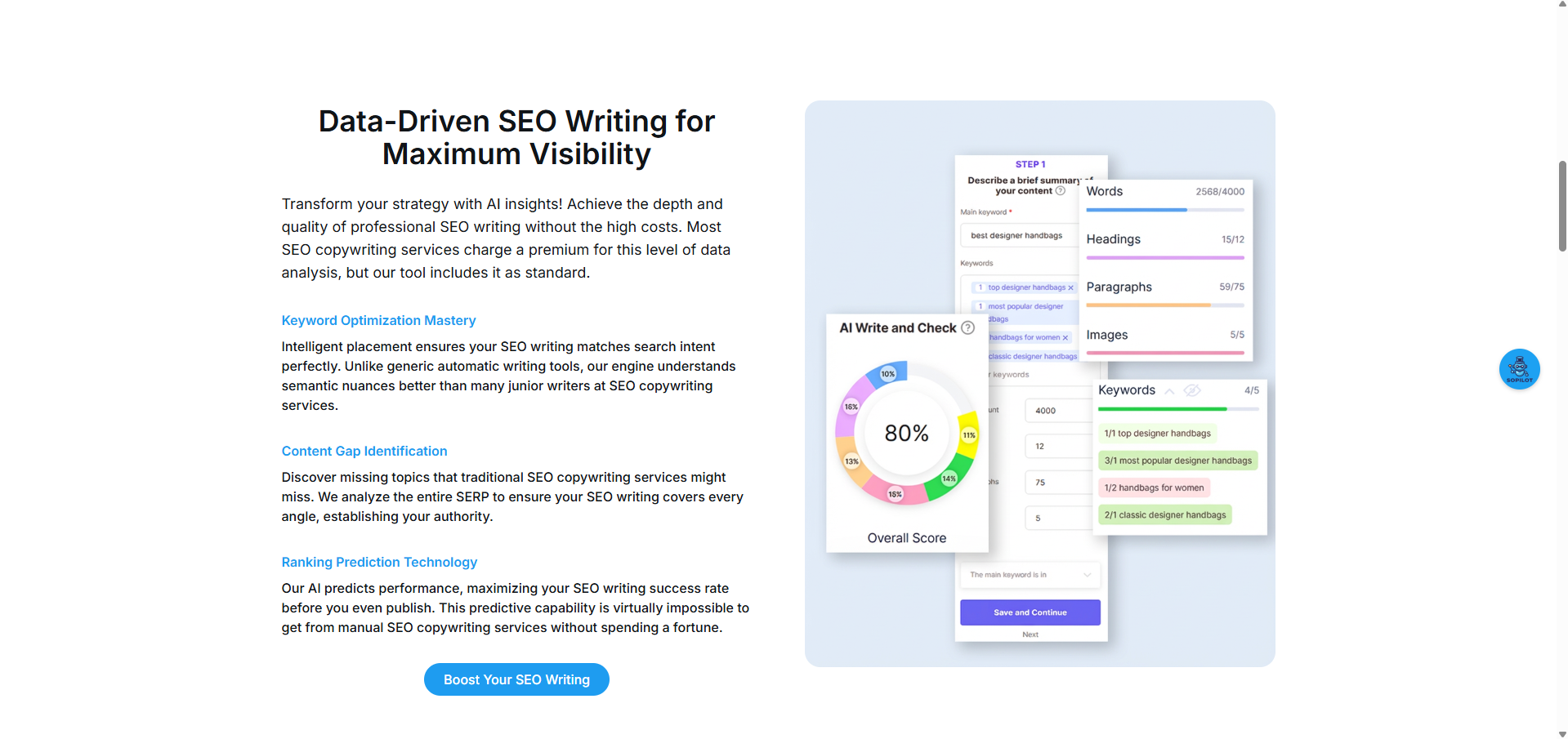 Seo Writing AI-powered content generation interface showing data-driven SEO writing capabilities with keyword optimization, content gap identification