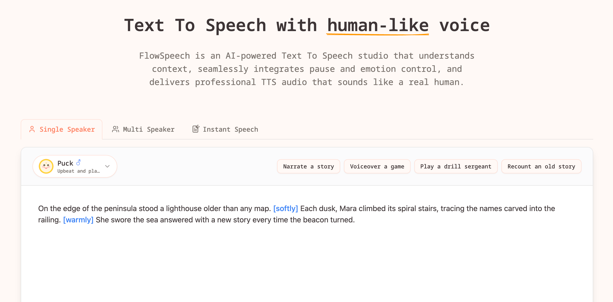 FlowSpeech is an AI-powered Text To Speech studio that understands context, seamlessly integrates pause and emotion control, and delivers professional