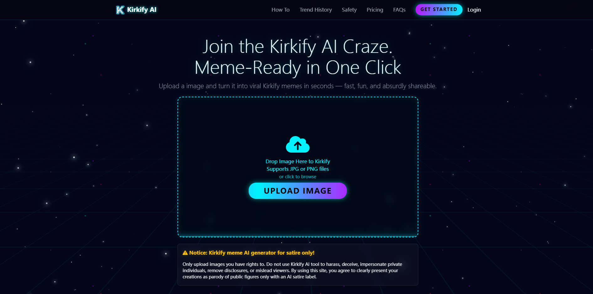 Homepage of the Kirkirfy AI Meme Generator