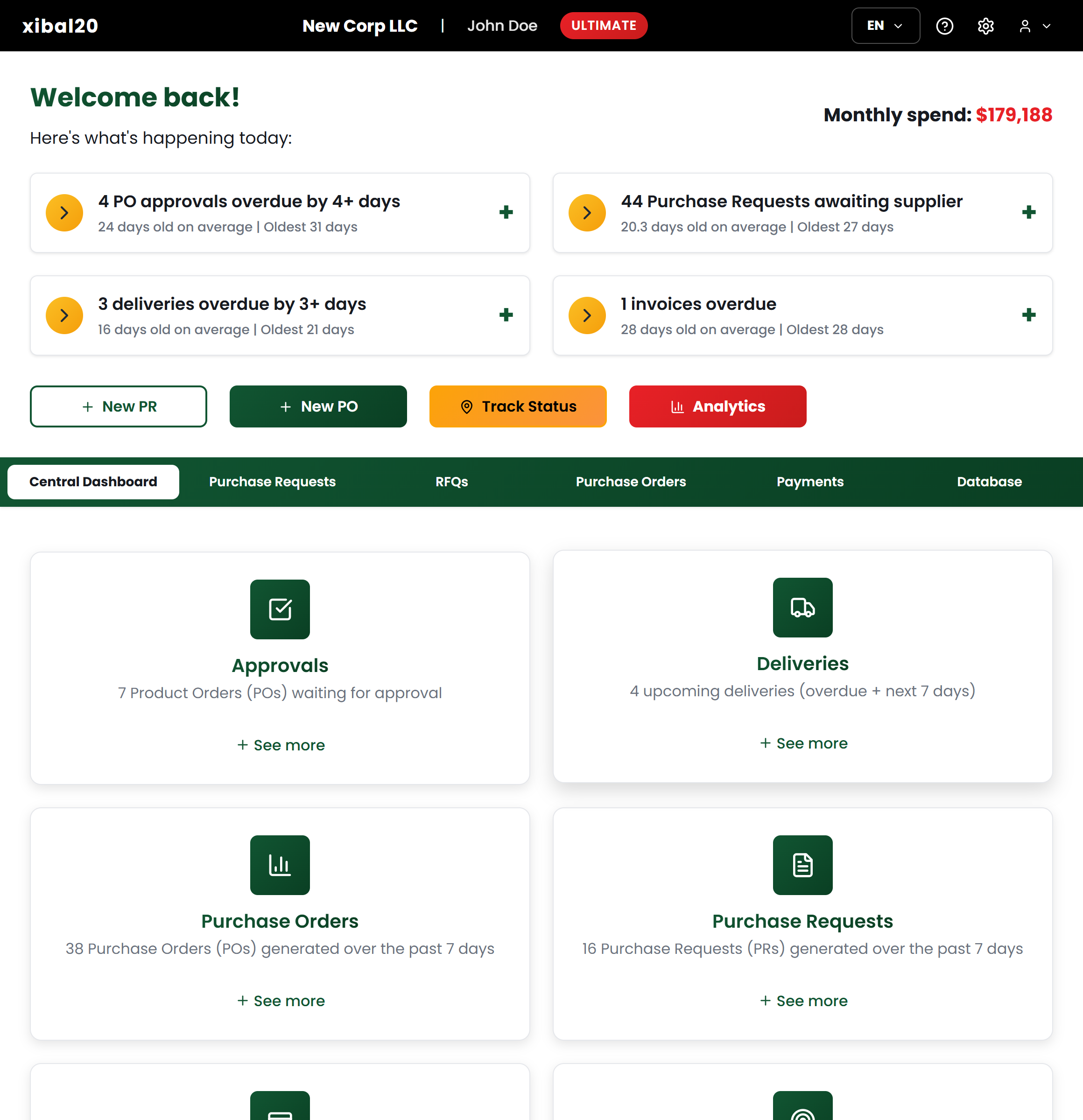 Monitor your procurement activity at a glance — open orders, pending approvals, upcoming deliveries, and payments.
