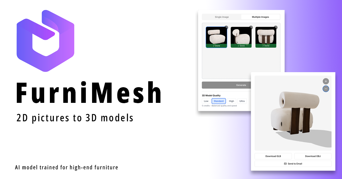 AI-powered 3D model generator transforms furniture photos into production-ready 3D models with automatic part separation in minutes.