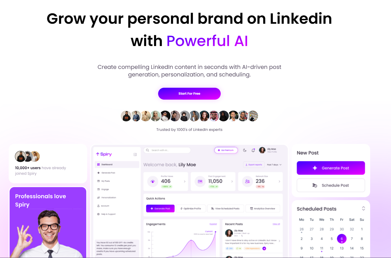 Spiry is an AI-powered LinkedIn personal branding platform that helps professionals create content, schedule posts, and engage strategically