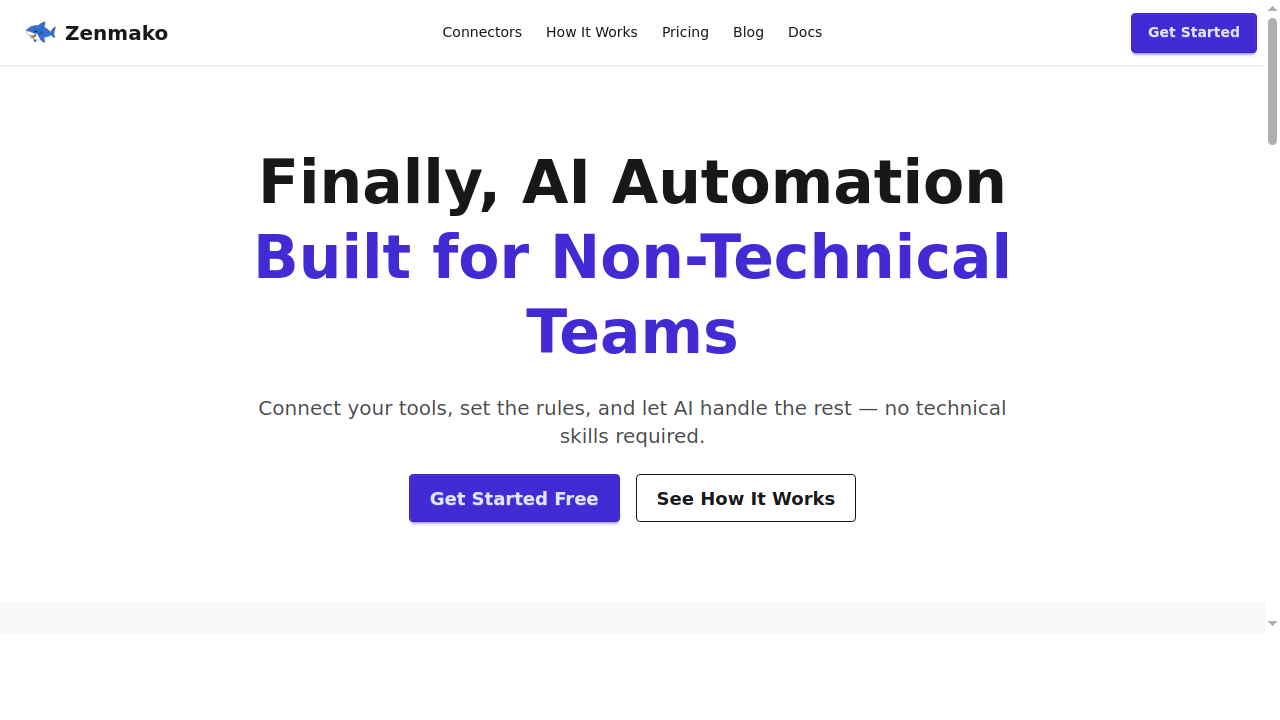 ZenMako landing page — AI-powered workflow automation platform connecting 18+ services with natural language task orchestration.