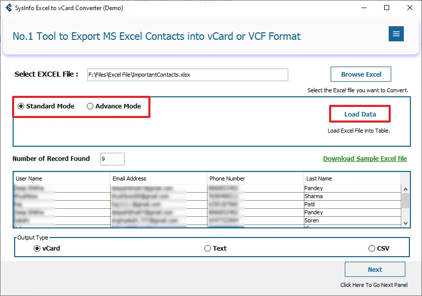 Sysinfo Excel to vCard Converter