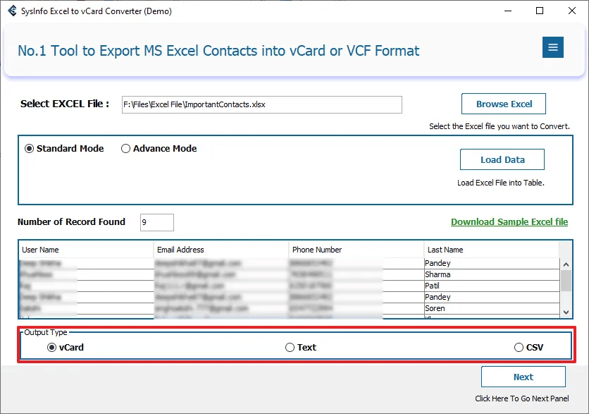 Sysinfo Excel to vCard Converter