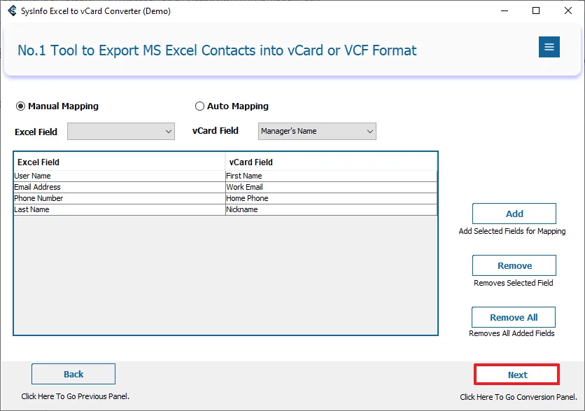 Sysinfo Excel to vCard Converter