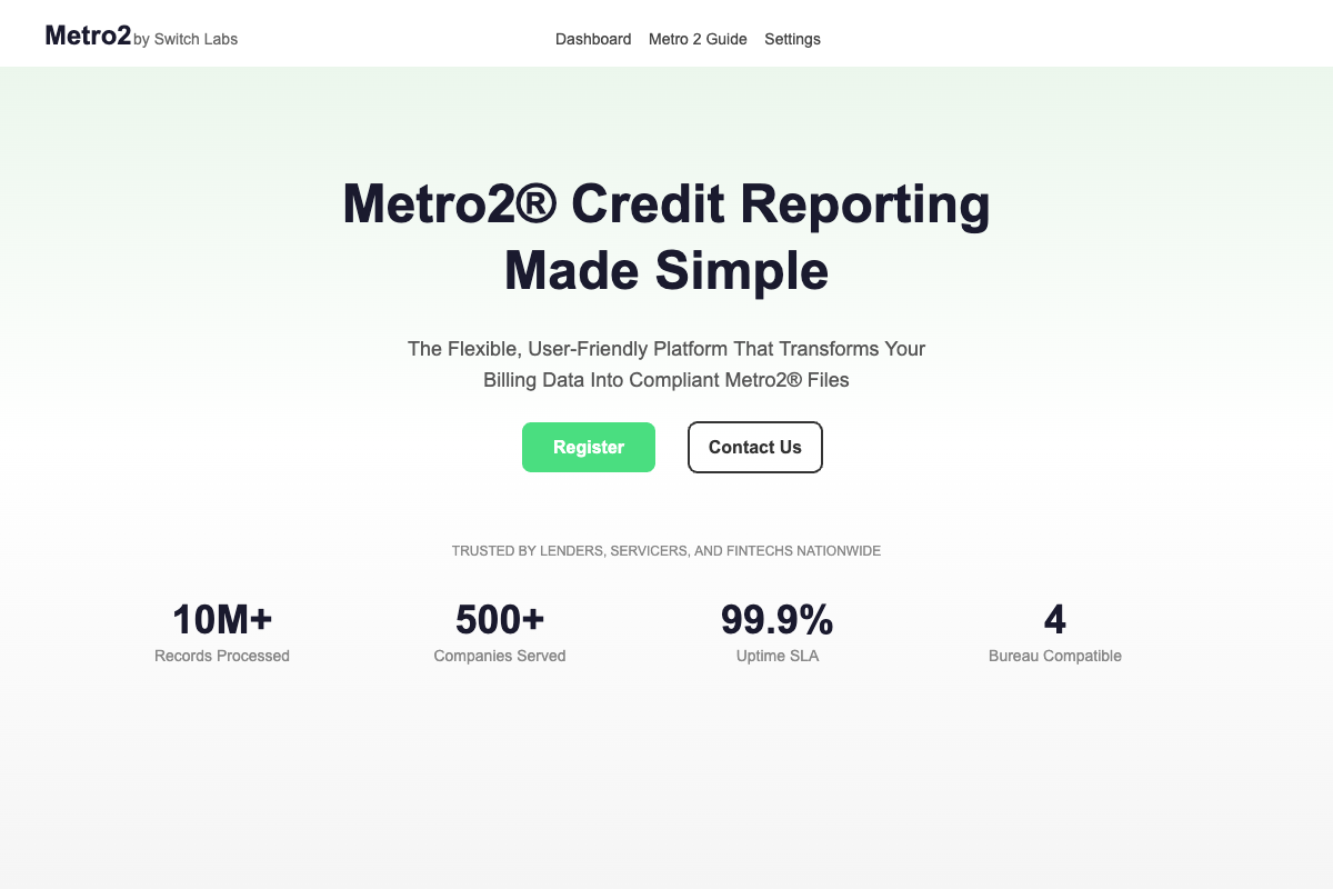 Metro2 homepage - cloud-based credit reporting platform for automated Metro 2 file generation and bureau transmission