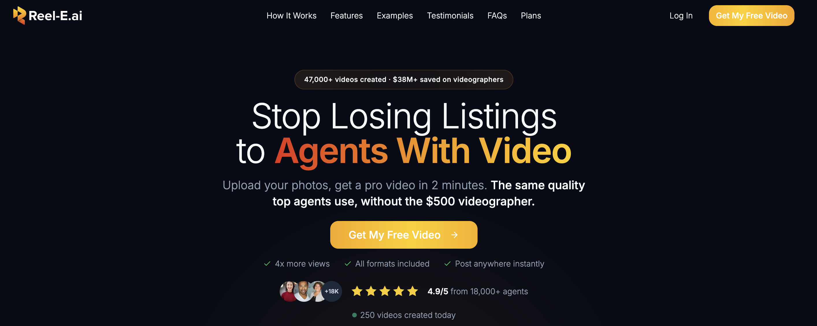 Landing page with headline "Stop Losing Listings to Agents With Video," free video CTA, 18K+ agents, 47K+ videos created, 4.9/5 rating.
