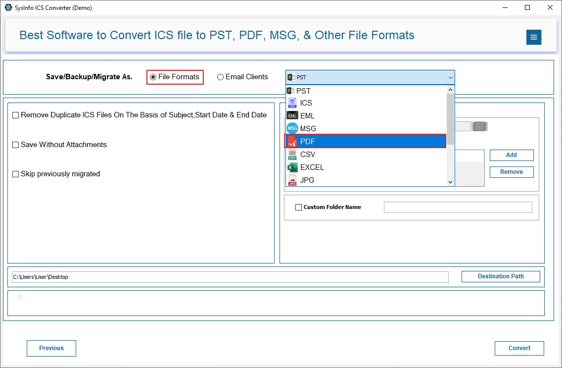 SysInfo ICS to PDF Converter