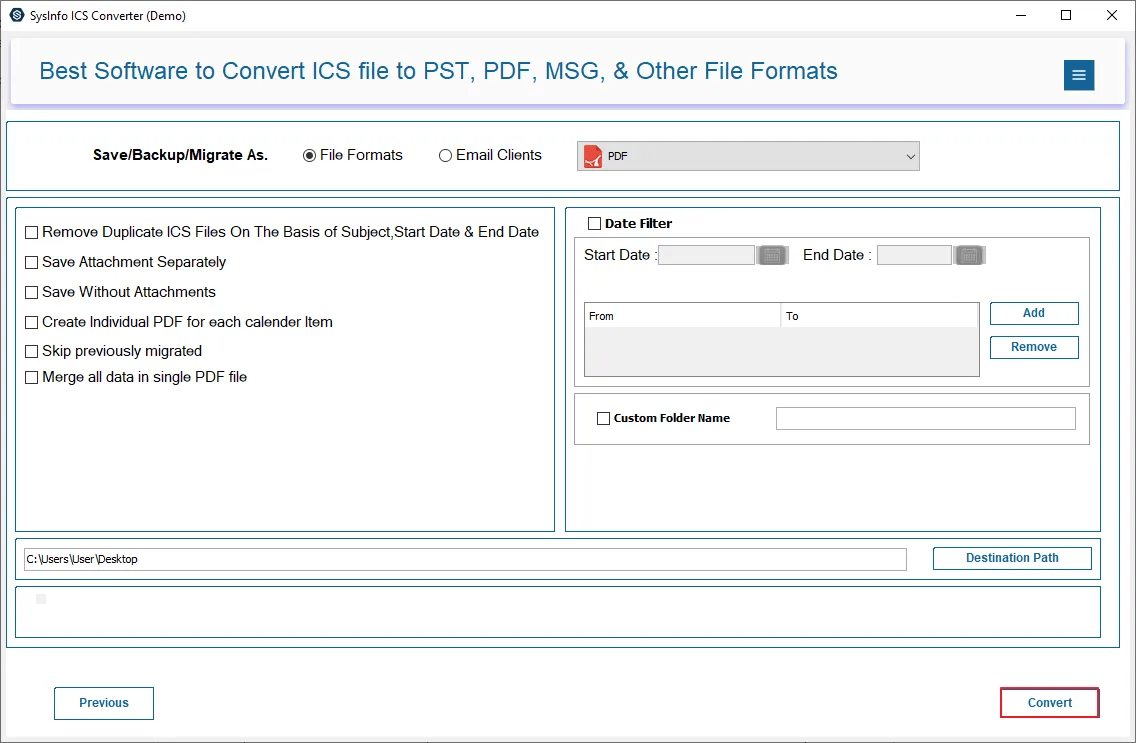 SysInfo ICS to PDF Converter