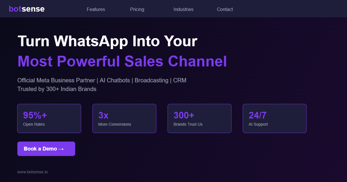 BotSense WhatsApp Business API platform dashboard — AI chatbots, broadcasting, and CRM for SMBs