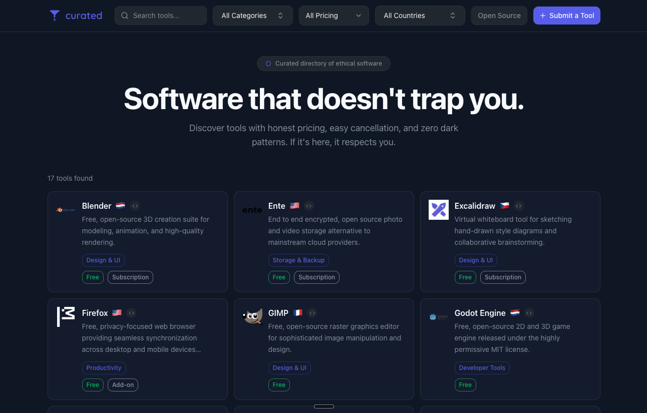 Directory view with filters and listed tools.