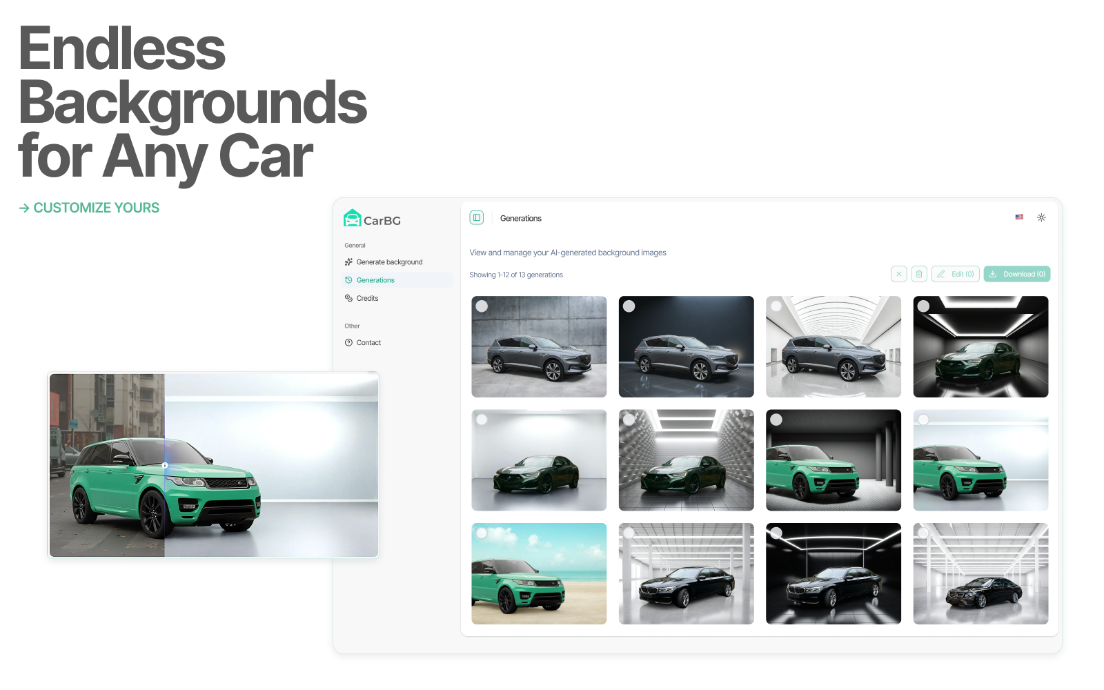 AI background generation and management. Upload any car photo and generate multiple professional backgrounds instantly. Browse, select, ed