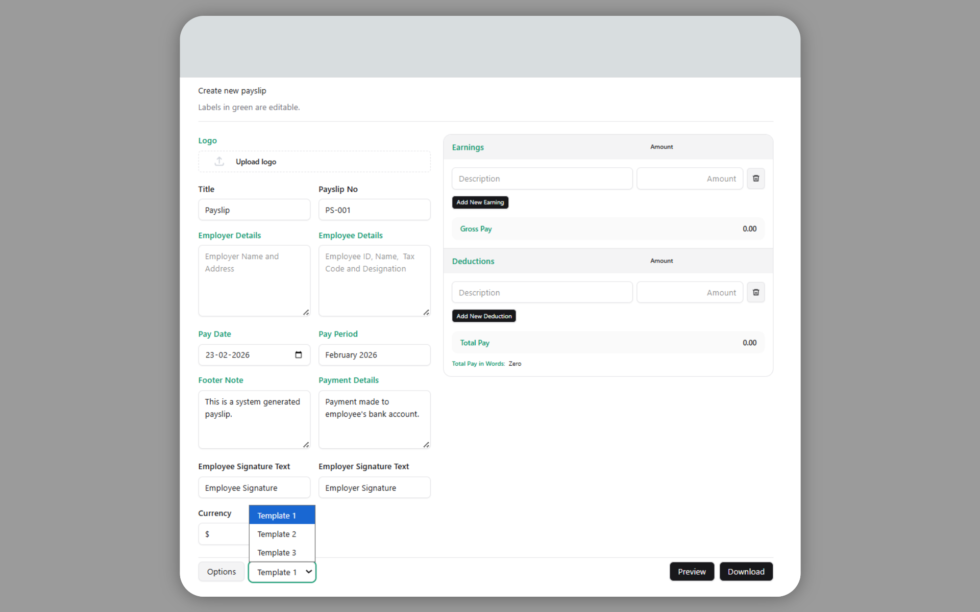PrintYourCopy Payslip Generator