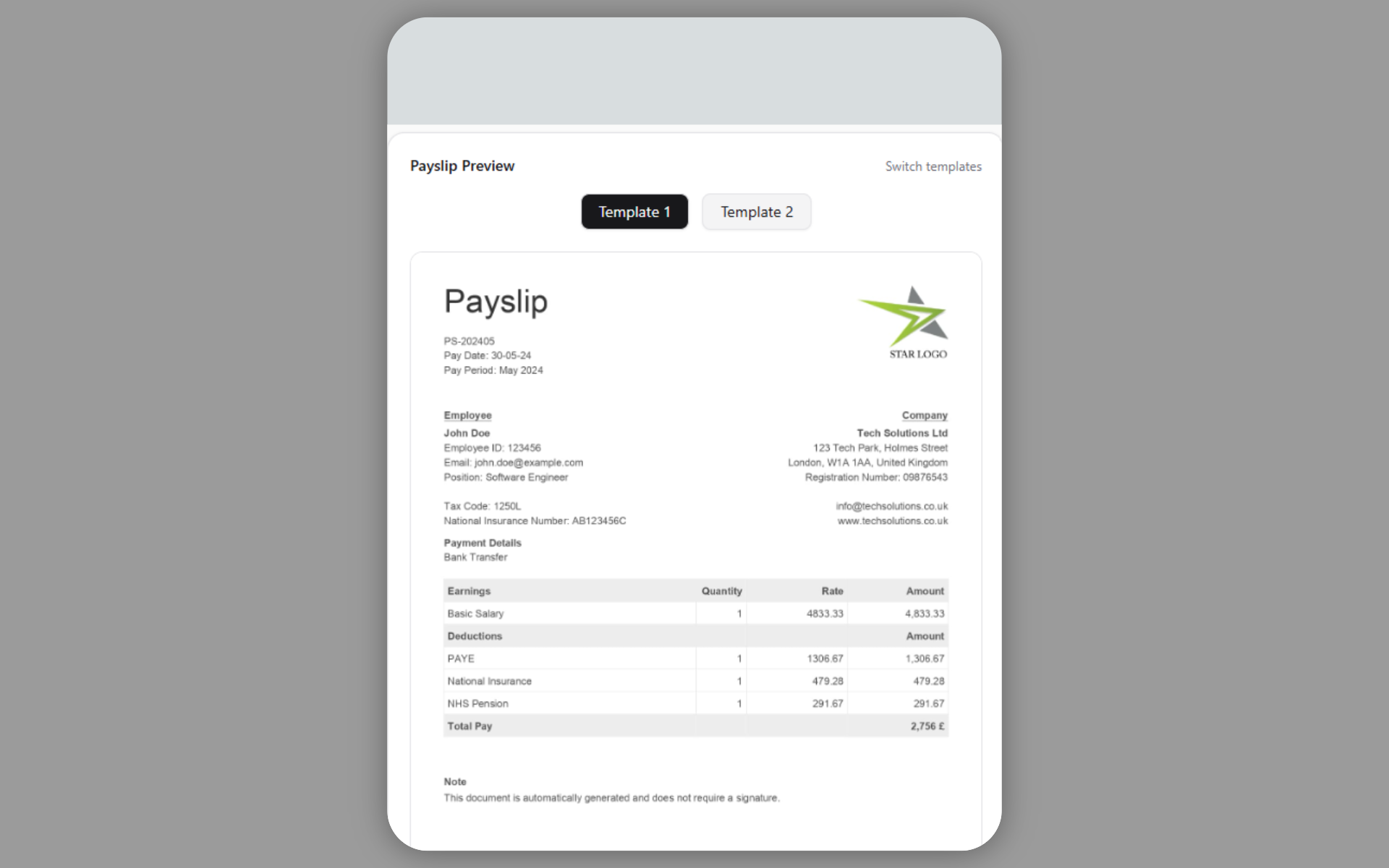 PrintYourCopy Payslip Generator