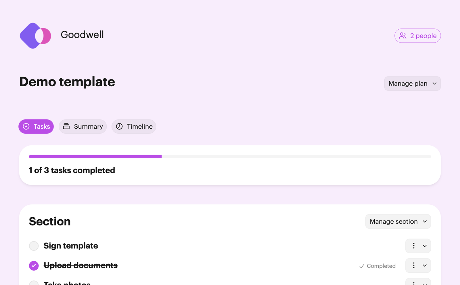 Add your brand colors and logo to an easy to use onboarding checklist. No passwords needed.