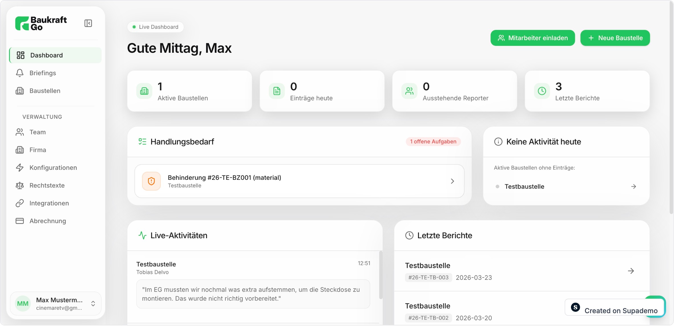 Live dashboard showing active sites, open tasks, field activity feed, and recent reports — the office view of all incoming site documentation.