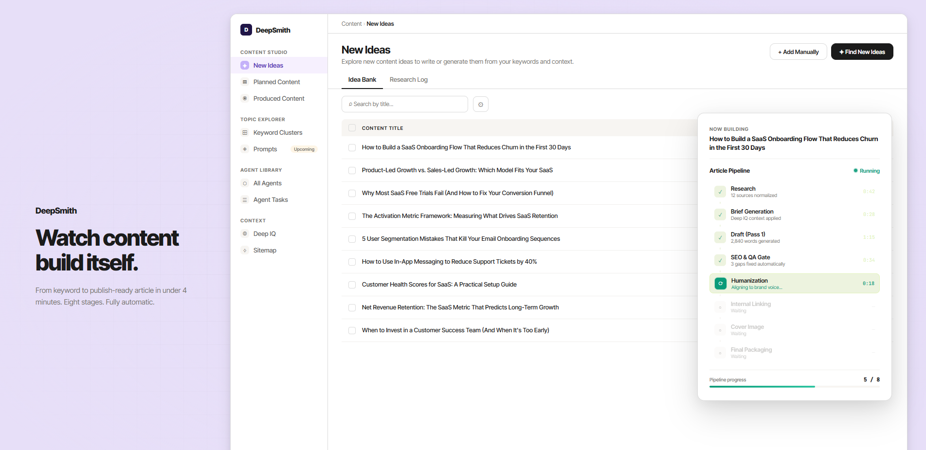 Go from idea to published article through a single workspace with planning, scheduling, and automated content generation