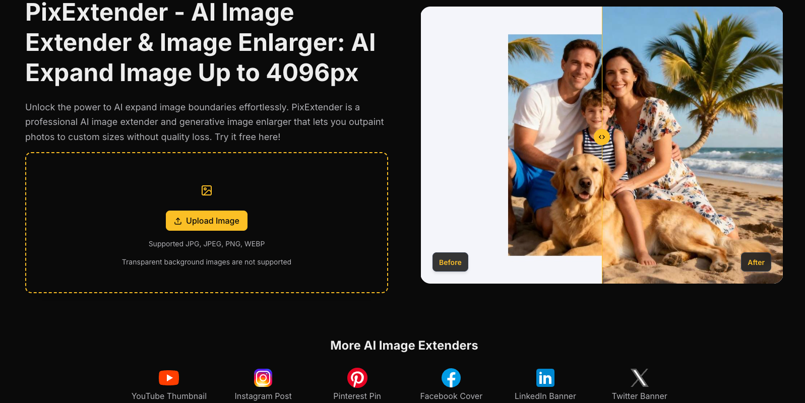 Dashboard view of PixExtender’s AI image extender, showing upload area and aspect ratio presets for quick expansion