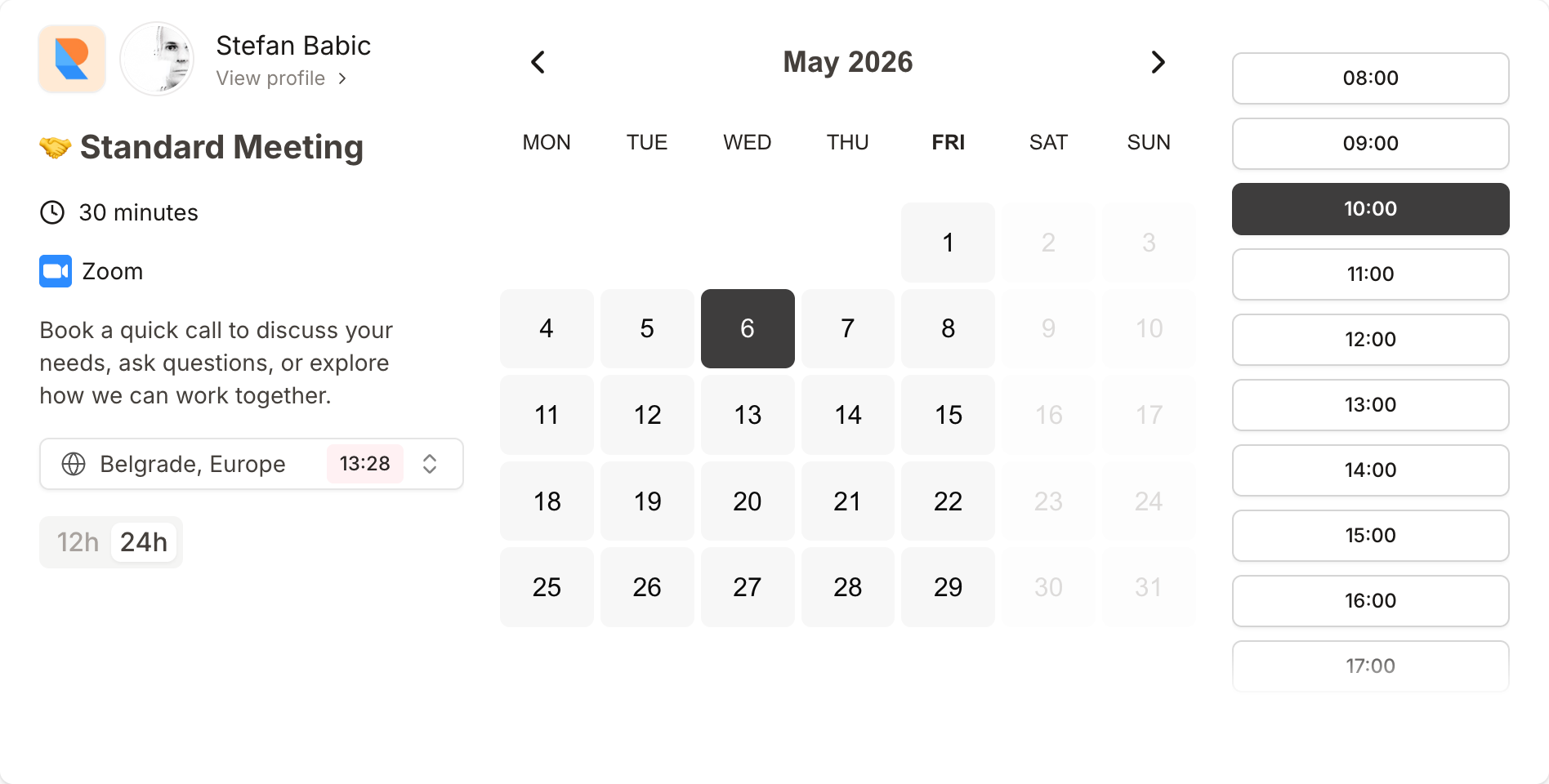 Scheduling interface that lets users pick a time based on real-time availability.