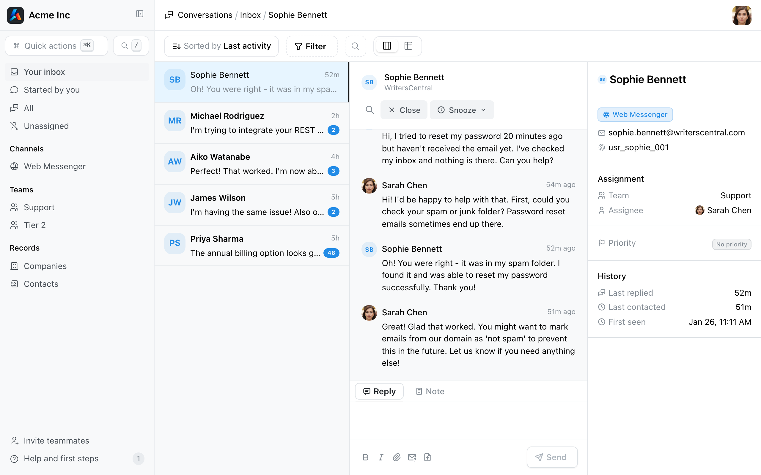Unified inbox showing real-time customer conversations with contact
details, team assignments, tags, and message history.