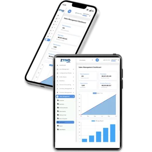 Modern sales management dashboard on mobile and tablet, showing analytics, revenue trends, and performance insights for smarter business decisions.
