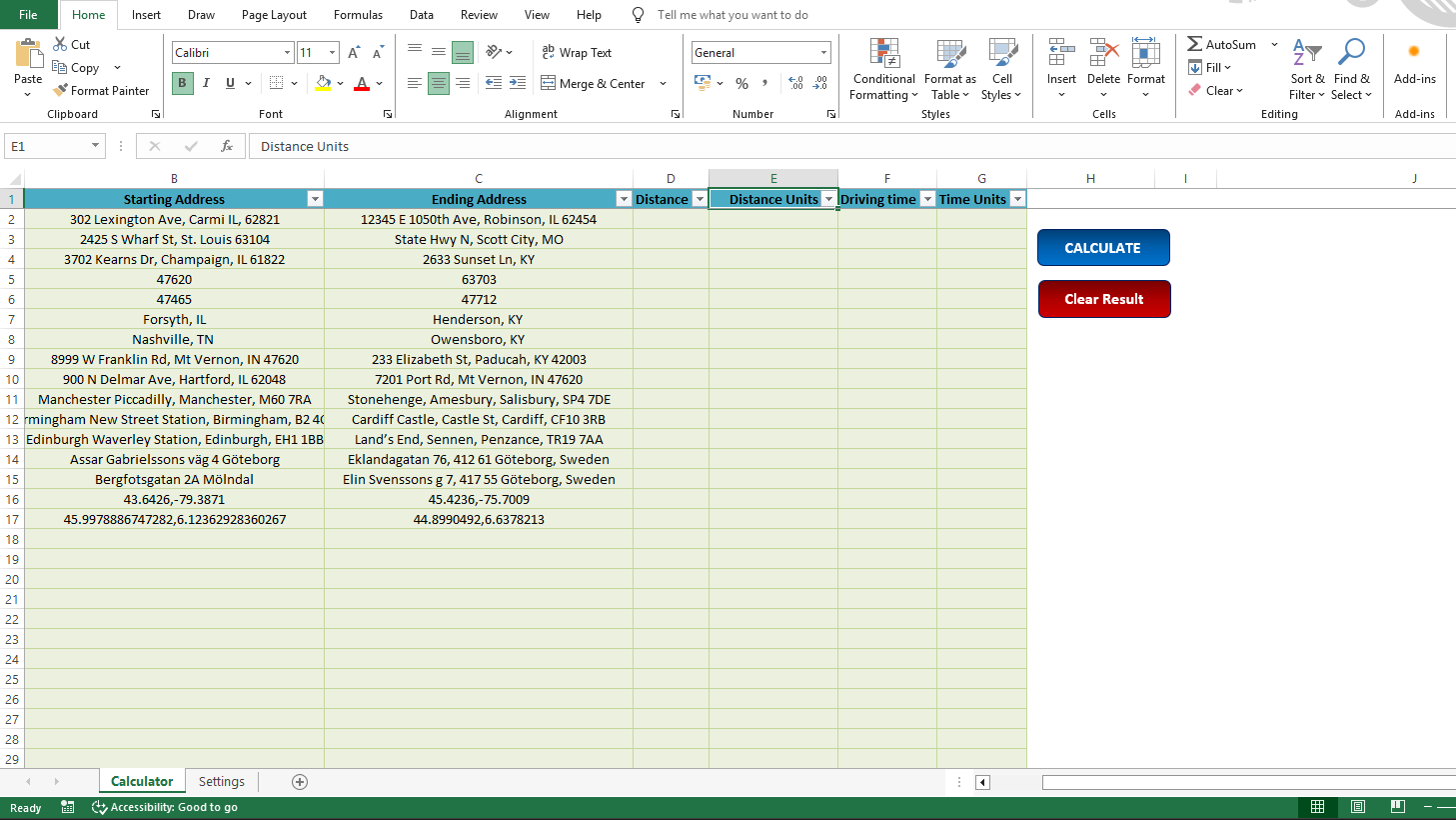 Excel Driving Distance Calculator