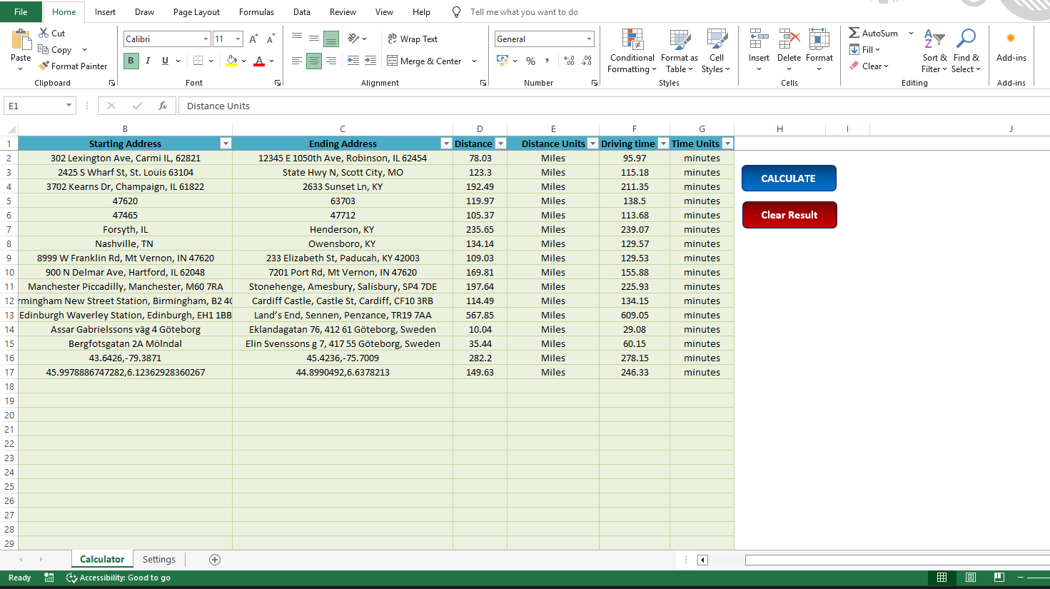 Excel Driving Distance Calculator