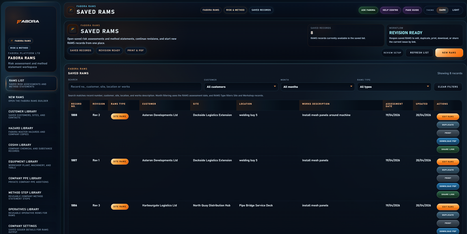 Manage saved RAMS records, revisions, PDFs and share links from one organised dashboard.