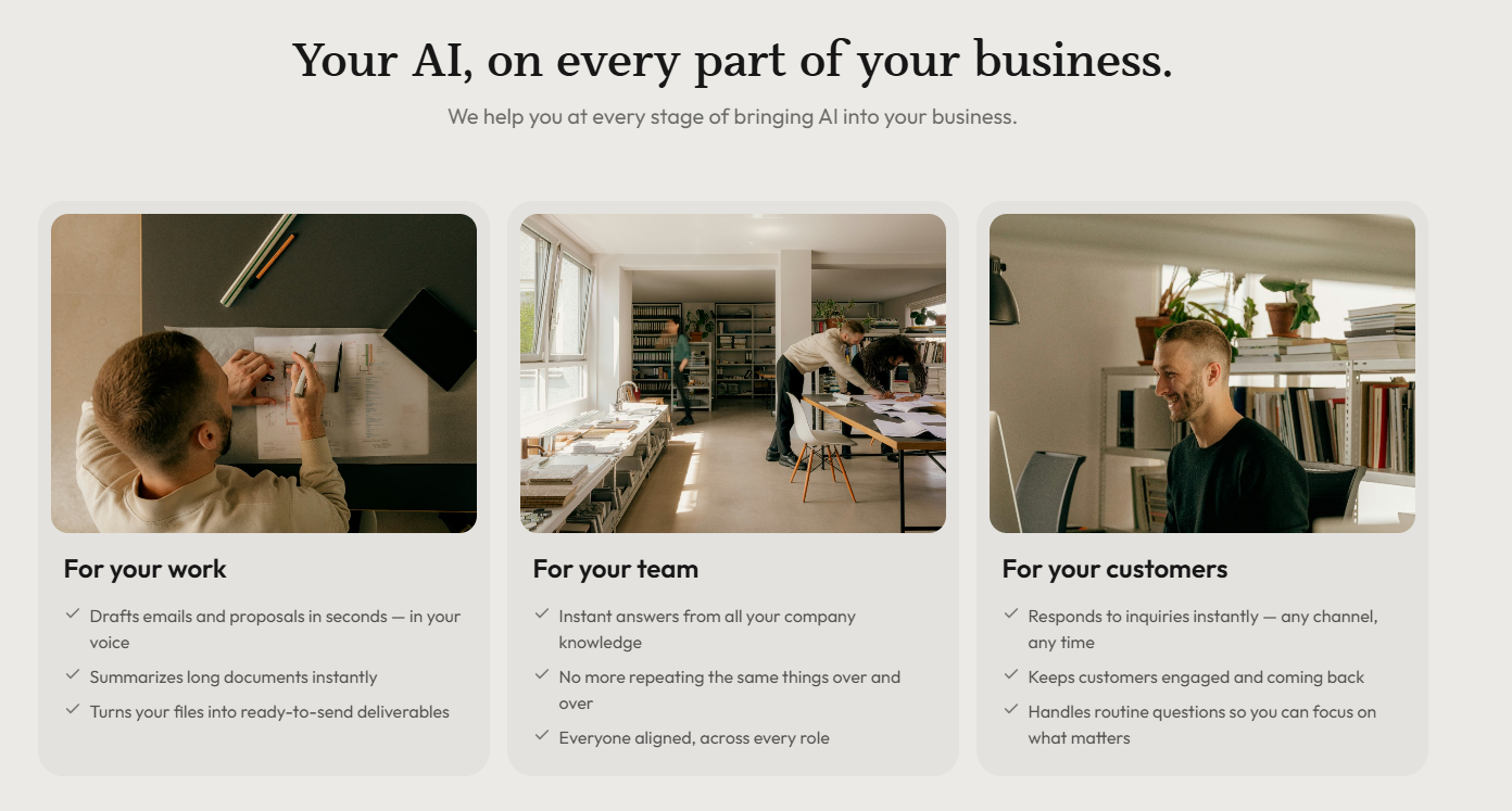 Connect your knowledge, configure your AI, and launch it on WhatsApp, Slack, Teams, or your website. No code, no complexity. Start free.