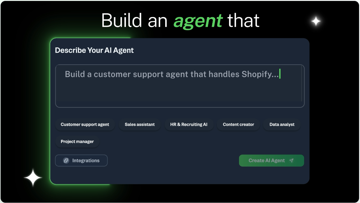 Launch powerful custom AI agents in minutes, no coding needed. Build, deploy, and monetize AI Agents to streamline your workflow and boost productivit