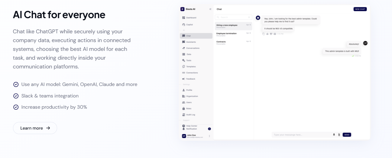 Chat like ChatGPT while securely using your company data, executing actions in connected systems, choosing the best AI model for each task, and workin