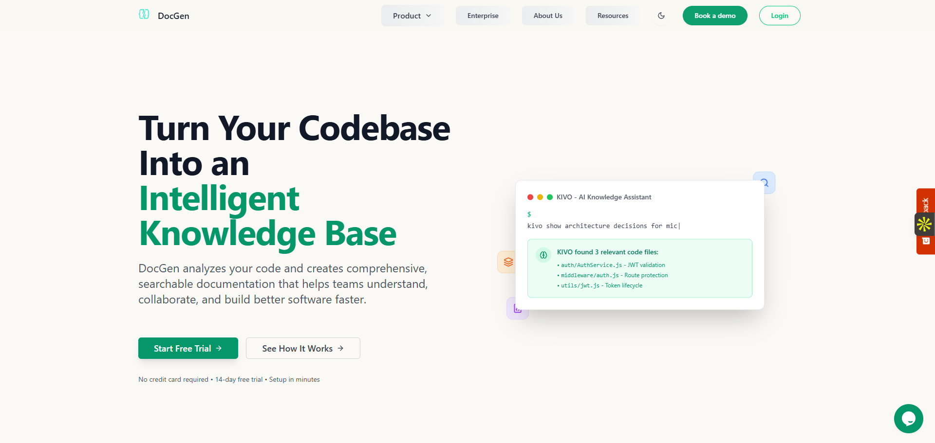 Turn Your Codebase Into an
Intelligent Knowledge Base
DocGen analyzes your code and creates comprehensive, searchable documentation that helps teams u