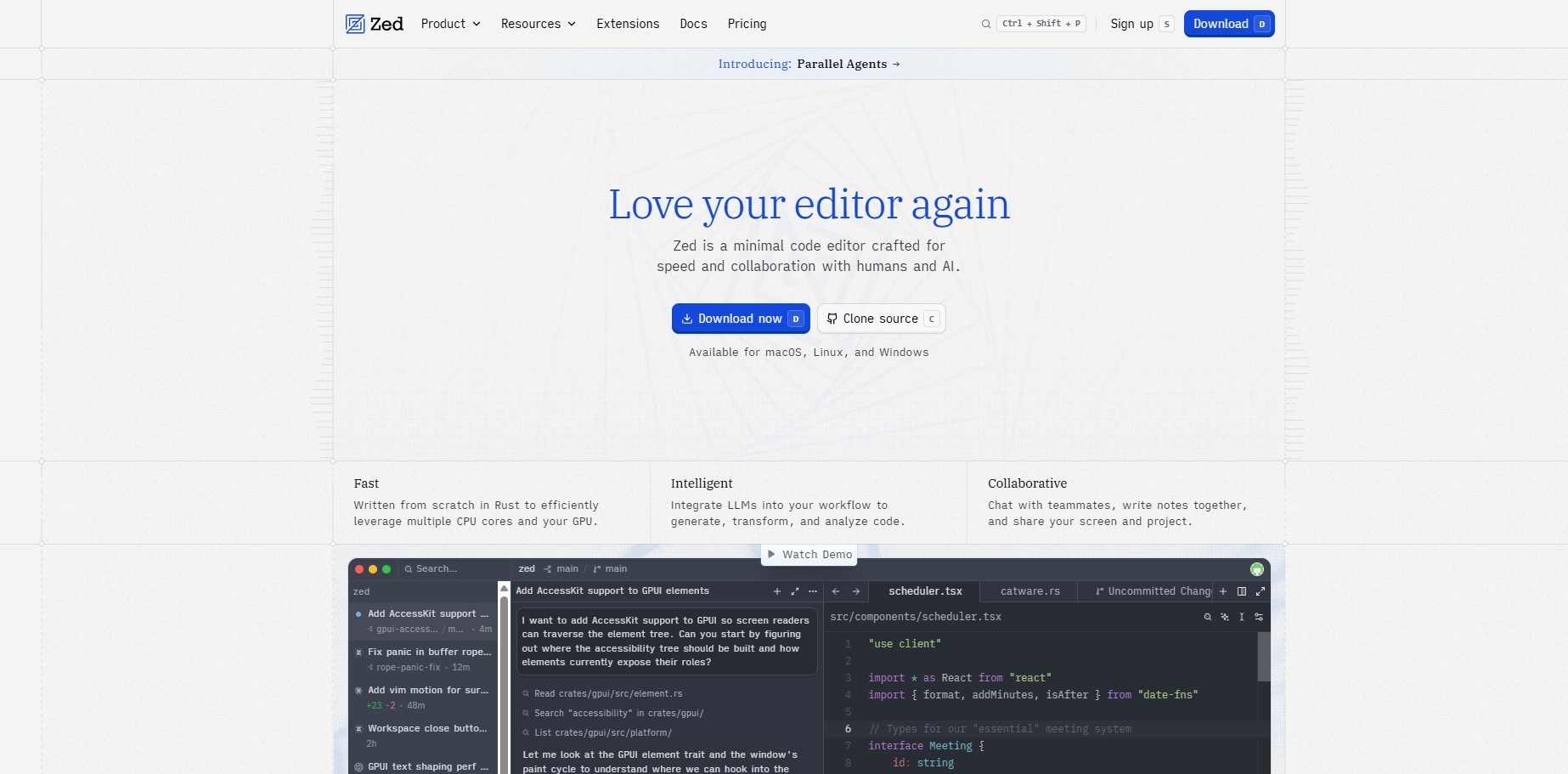 Zed is a minimal code editor crafted for speed and collaboration with humans and AI.