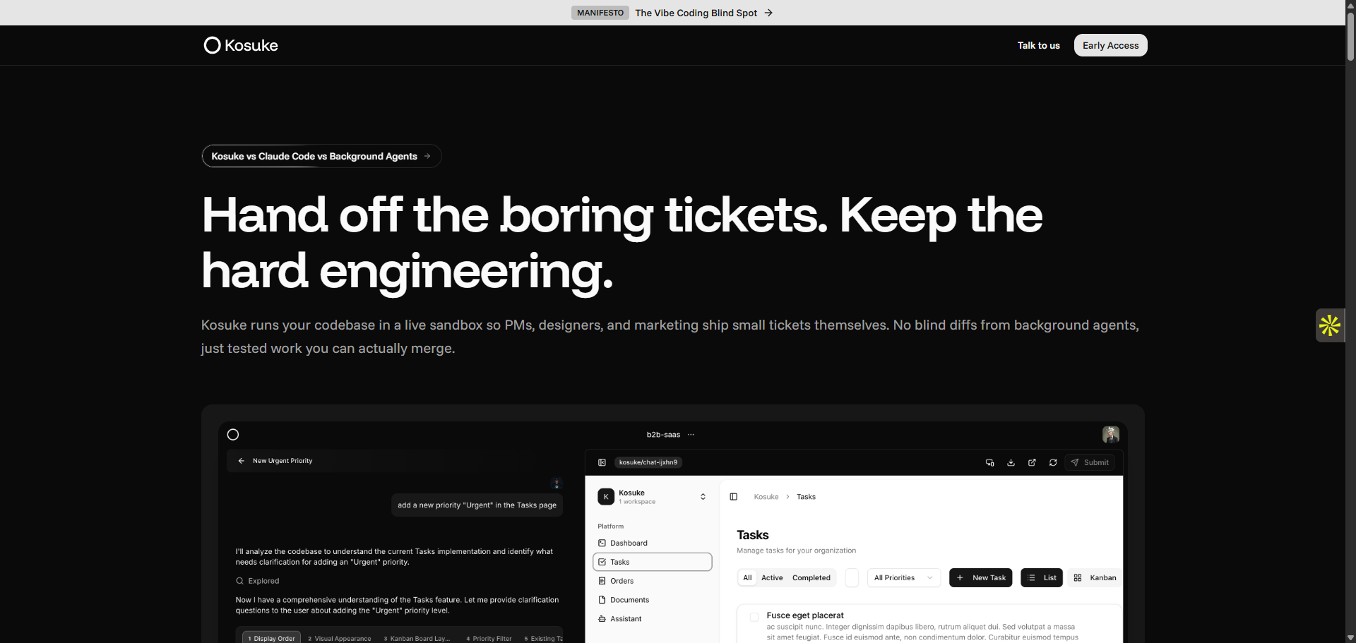 Kosuke runs your codebase in a live sandbox so PMs, designers, and marketing ship small tickets themselves. 
