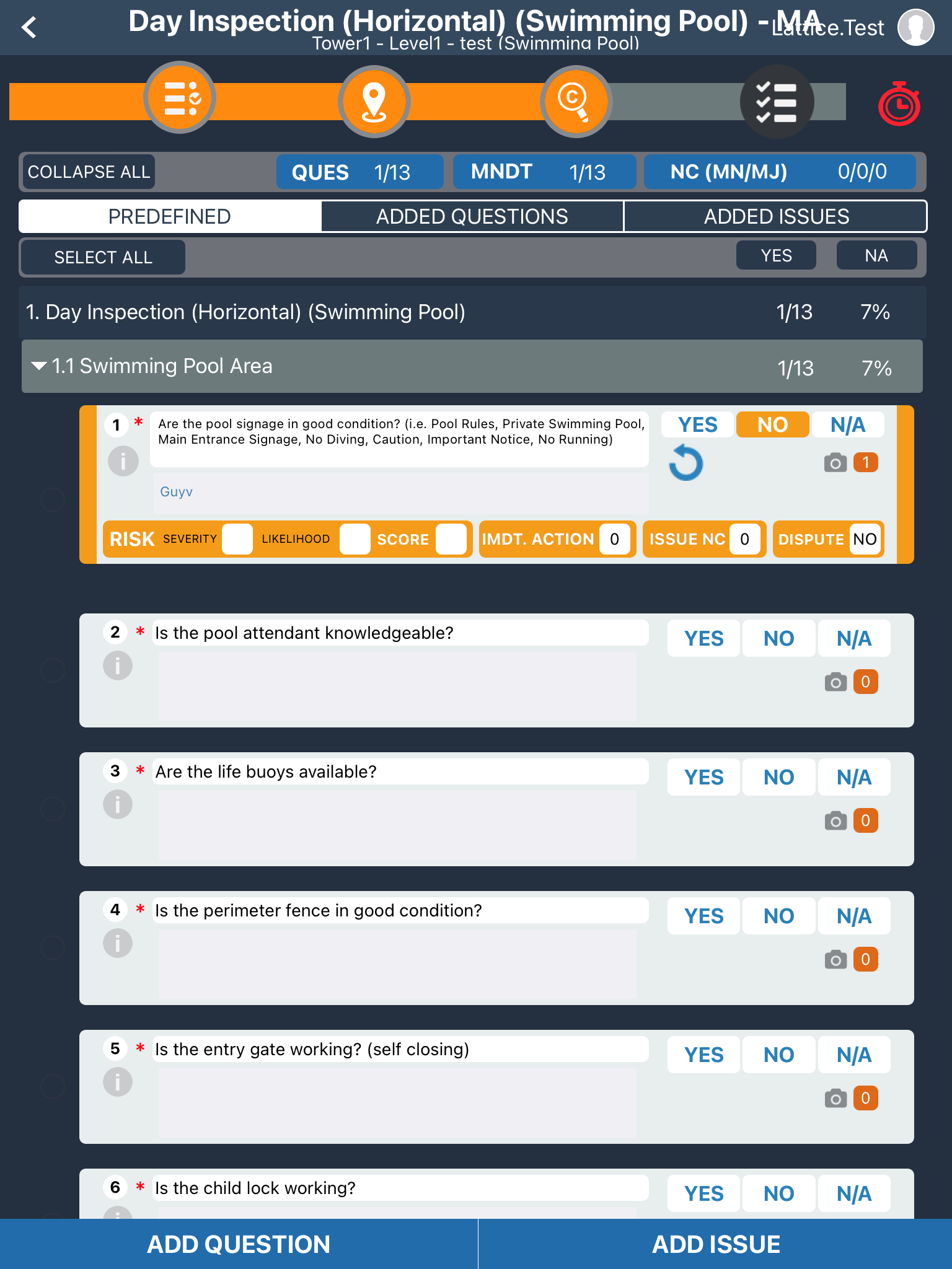 Checklist-based inspection screen to record responses, capture photos, assess risks, and track issues in real time for accurate, audit-ready reporting