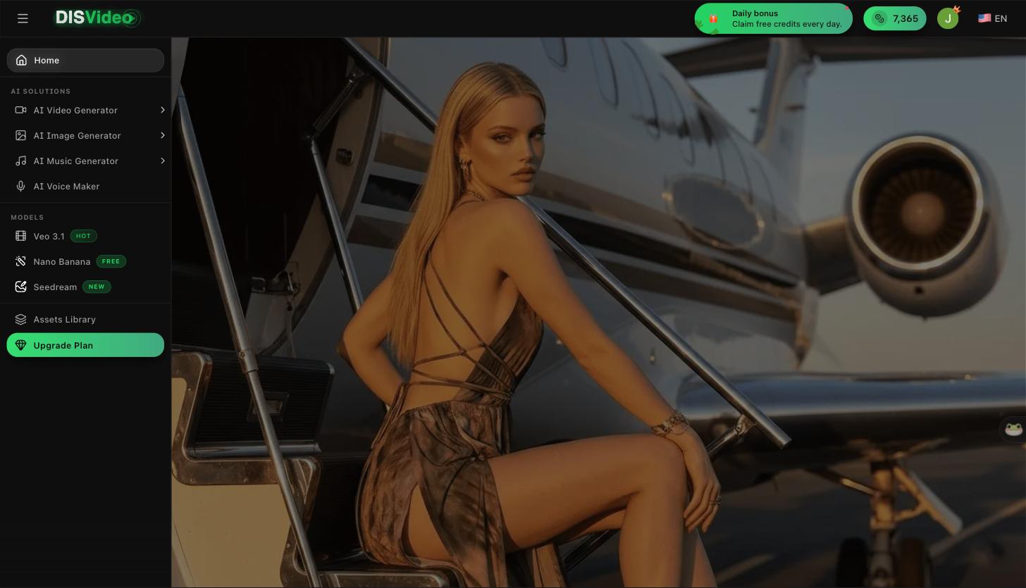 DisVideo AI homepage - AI Video & Image Generator platform dashboard