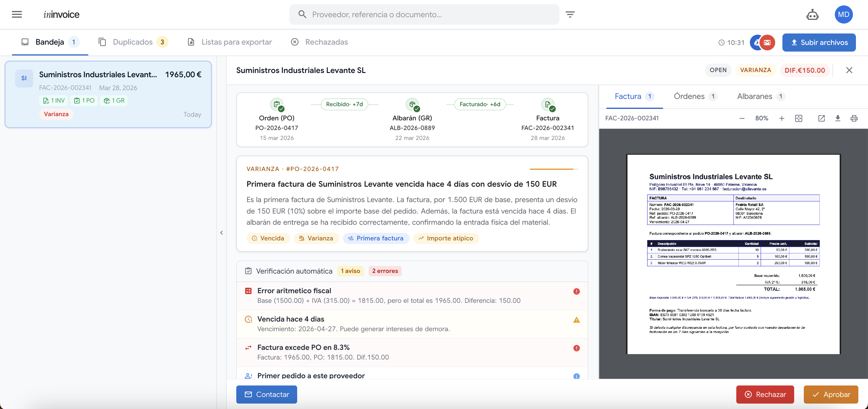 AI invoice inbox: auto-extracts data, detects duplicates, runs 3-way matching with PO and delivery note, flags fiscal errors before approval.