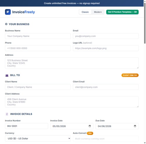 InvoiceFreely - Create professional invoices for free in your browser