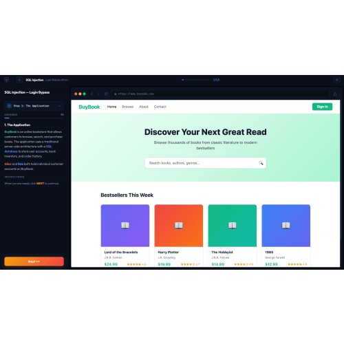 Guided Attack Scenario: developers exploit a SQL Injection login bypass step-by-step in a simulated browser, building real security intuition.