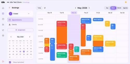 Multi-staff, multi-service appointment calendar with day, week, and month views — manage your full schedule and booking statuses in one place.