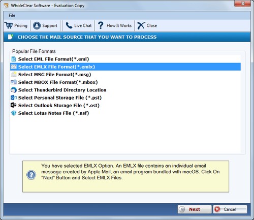 WholeClear EMLX Converter screenshot