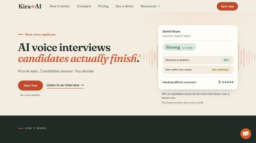 Kira-AI homepage: conversational AI voice interviews for candidate screening.