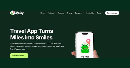 TripFrog home screen shows the main travel app experience, helping users access travel maps, route tracking, travel statistics, and trip memories easi